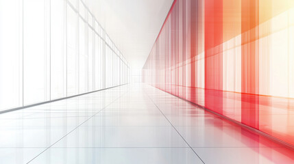 Modern hallway with red and white glass panels and reflective