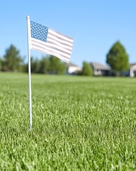 Obraz premium Small American flag planted in a lush green lawn, with houses and trees in the background under a clear blue sky