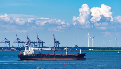 Fototapeta premium Cargo Ship Navigating Calm Waters with Industrial Port and Wind Turbines in Background on a Sunny Day