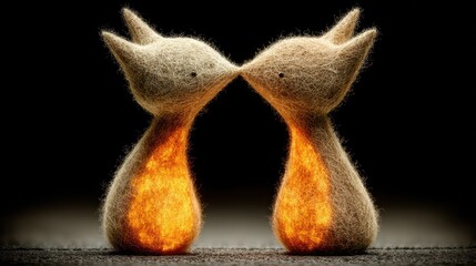 Obraz premium Two Cute Felt Animals Kissing with Warm Glowing Light in a Dark Background Creating a Cozy and Whimsical Atmosphere of Love and Friendship