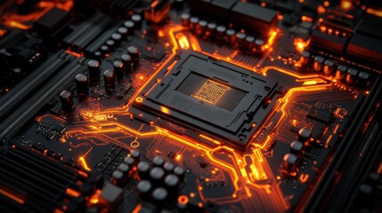 Fototapeta premium Motherboard glows with circuitry in dim light for server parts & computer builds