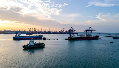 Obraz premium Aerial View of Busy Harbor with Commercial Ships and Cranes at Sunset in a Coastal City