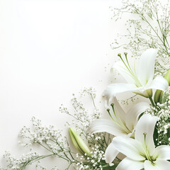 Minimal floral border in soft green and white with lilies and baby’s breath on a simple white background with copy space © Mari