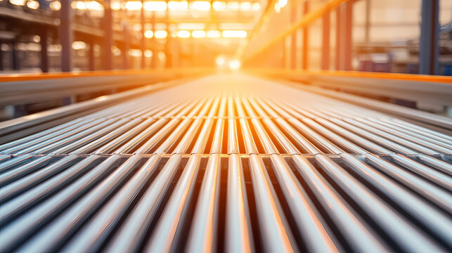 A close-up view of parallel metal rods in a factory setting, illuminated by warm sunlight, highlighting a sense of industrial efficiency and depth.