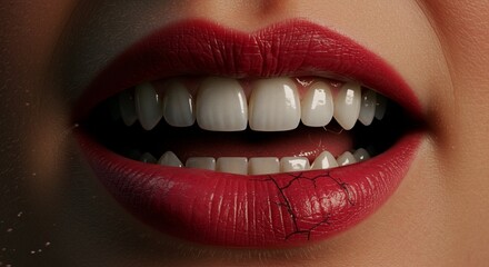 Obraz premium Close-up of Mouth with Red Lipstick and Cracked Lips