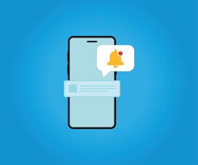 Mobile Phone Notification Alert Vector Illustration – Modern Smartphone with Bell Icon Message Bubble on Blue Background