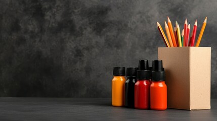 Obraz premium Colorful Paint Bottles and Pencils on Dark Gray Surface