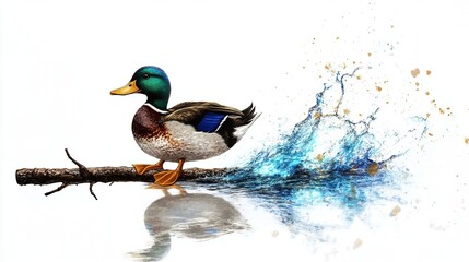 Obraz premium Mallard duck landing on branch, splashing water.
