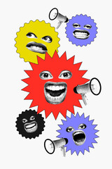 Colorful collage of protest eyes and mouths radiating from chaotic pop shapes, evoking chaos, dissent, public outcry. Concept of economic, financial crisis and depression, protest, social issues