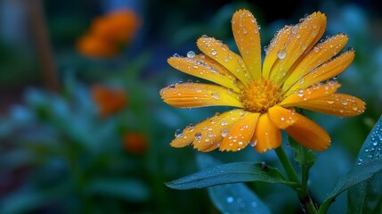 Close up of an orange flower with water droplets, soft background blur