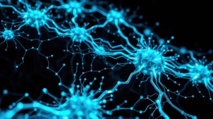 Glowing blue neuron cells with intricate connections against a dark background