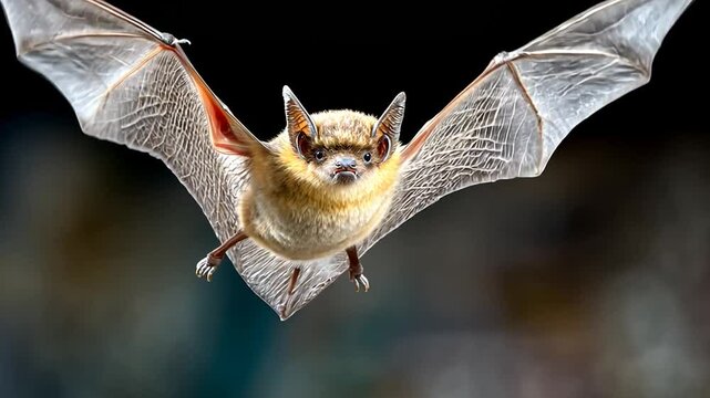 Bat in flight, detailed wings and face against dark background