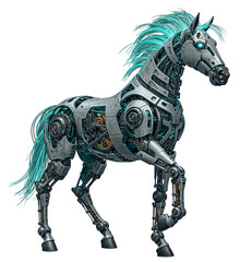 Futuristic robotic horse with glowing blue mane and silver mechanical body, isolated on a transparent background