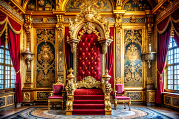 Majestic Royal Throne in Opulent Grand Hall. Created with AI Generative
