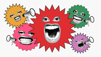 Expressionist design with protest faces clashing in burst of opinion, reflecting social tension, digital noise, alarm. Concept of economic, financial crisis and depression, protest, social issues