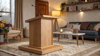 Wooden podium on table in cozy living room interior with empty space for product display – 3D render