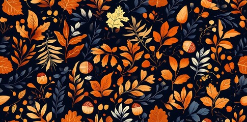 Autumn floral seamless pattern with leaves, acorns, and plants in a navy blue color background