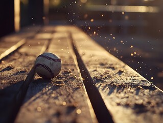 Baseball and Softball Action Shot on a Rustic Wooden Bench at Sunset with Dust Particles in a Grass Field - Capturing Motion and Team Spirit in Youth Sports