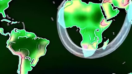 An animation showcasing digital data streams and processing activity overlaid on a green-toned world map. The background features circuit lines, glowing nodes, binary codes, and motion graphics repres - Powered by Adobe