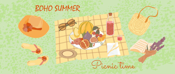 Flat lay boho summer picnic with fruits, sandals, hat, sunglasses, juice, wicker bag, and lavender bouquet on green grass background. Cozy, stylish, and perfect for seasonal design projects. Vector.