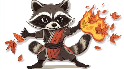 Cute raccoon in red martial arts costume controls fire.