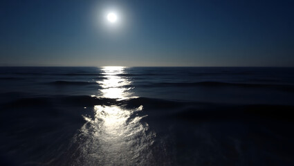 Serene Nightscape Full Moon Reflecting on Calm Ocean Waves