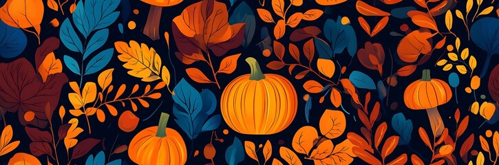 Naklejka premium Autumn seamless pattern with pumpkins, mushrooms, and leaves