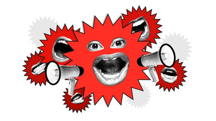 Modern artwork. Central red burst shouts with surrounding mouths and megaphones representing...
