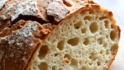 Close-up of Artisan Sourdough Bread Crusty Exterior, Airy Interior