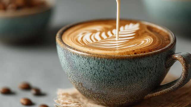 Close up of latte art in a textured teal mug, milk pouring, coffee beans scattered nearby.