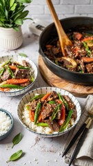 Delicious vegetable stir-fry with beef served over rice in a cozy kitchen setting