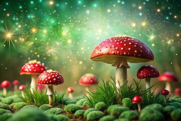 Pine green to mushroom red with fantasy mushrooms and sparkles