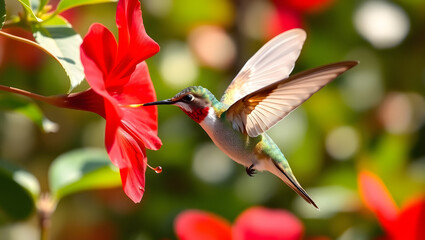 Fototapeta premium Ultrarealistic Hummingbird in Flight, Feeding on Vibrant Red Flower