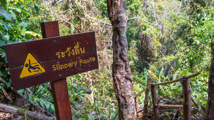 Slippery route warning sign in the forest