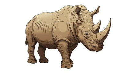 Obraz premium Illustration of a Detailed Rhinoceros with Textured Skin and Prominent Horns in Neutral Colors