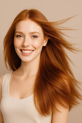 Fototapeta premium A young woman with long red hair smiling against a neutral background.