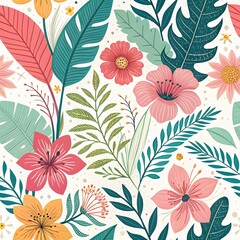 "Colorful hand-drawn floral pattern with various leaves and flowers on a light background."