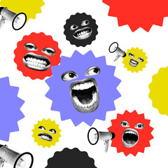 Contemporary collage. Mass of shouting mouths in protest shapes builds tension, voices overlap into wave of megaphone warnings. Concept of attention, depression, protest, social issues, alarm