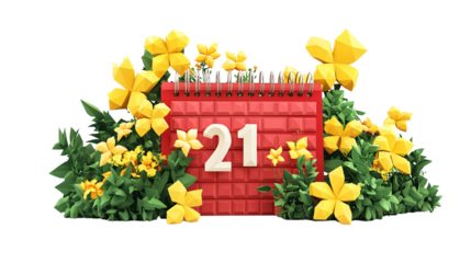 Bright Red Low Poly Calendar on 21st with Vibrant Yellow Flowers