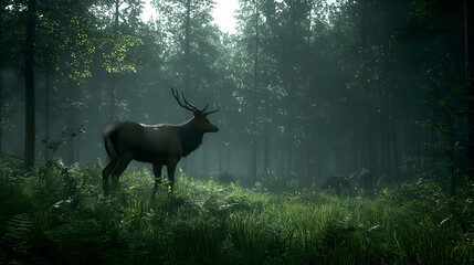 Silhouette Elk In Lush Forest Meadow
