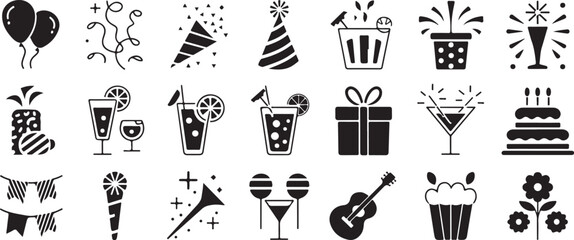Collection of Black Party Icons for Celebration