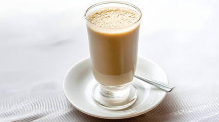 Classic Chinese Breakfast Drink Made from Finely Ground Ingredients in a Glass Cup on a White Tablecloth