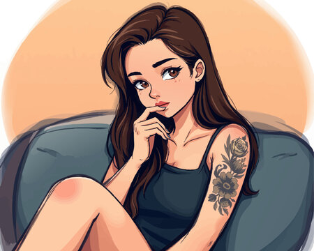 a woman sitting in a chair with a tattoo on her arm
