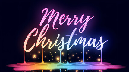 Colorful Merry Christmas lettering appears to melt into a pool of rainbow hues dotted with shining stars against a dark background.