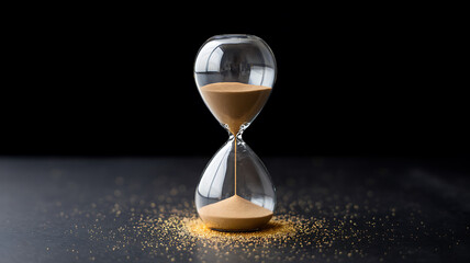 Hourglass with flowing sand on dark surface time passing in a classic timekeeping device.