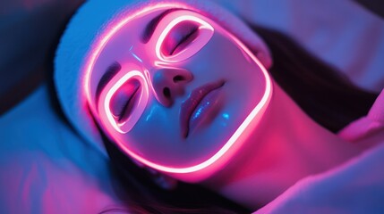 Caucasian woman rests using light therapy mask, receiving treatment, promoting relaxation, wellness, youthful skin.