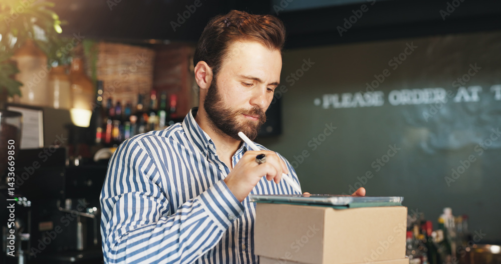 Poster restaurant, boxes and man on tablet in cafe for menu items, inventory and order checklist at bar. pu