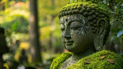 Fototapeta premium Ancient stone Buddha statue covered in moss in a forest temple