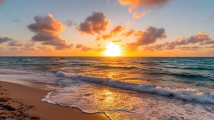 Colorful sunset over the ocean with waves crashing on the sandy beach
