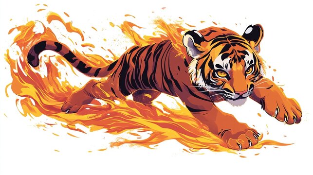 Fiery tiger cub leaping, flames engulfing body.